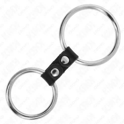 KINK - dupla fém péniszgyűrű bőr pánttal, 3,7-5 cm