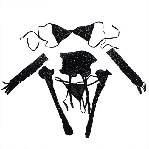 SUBBLIME - fekete halhálós bodystocking kesztyűvel és gyémántokkal