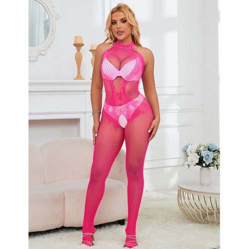 SUBBLIME - csipkés, nyitott bodystocking, magas nyakú, rózsaszín