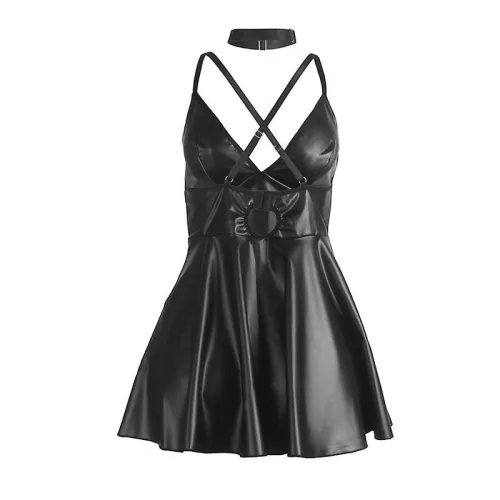 SUBBLIME - fekete bőr pántos elegáns ruha L/XL