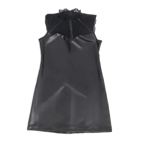 SUBBLIME – csipkegalléros fekete bőrruha L/XL