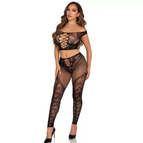 LEG AVENUE – fekete hálós leggings és crop top vállra szabadon