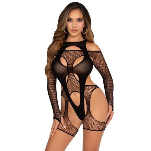 LEG AVENUE - hálós bodystocking harisnyamerítővel, fekete