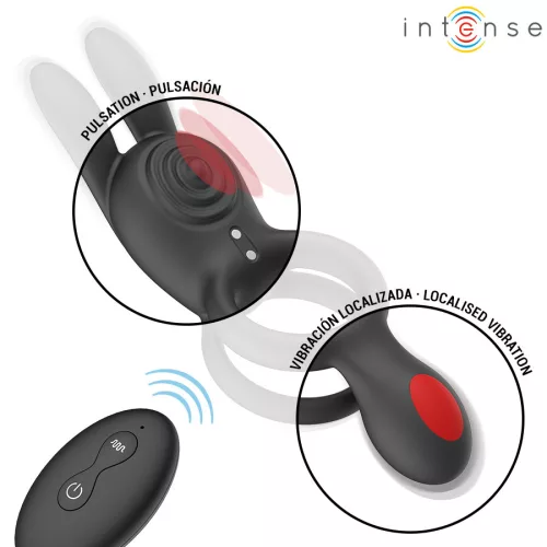 Intense Vibrációs péniszgyűrű Dupla stimuláció, távirányítós, 9 mód vízálló fekete