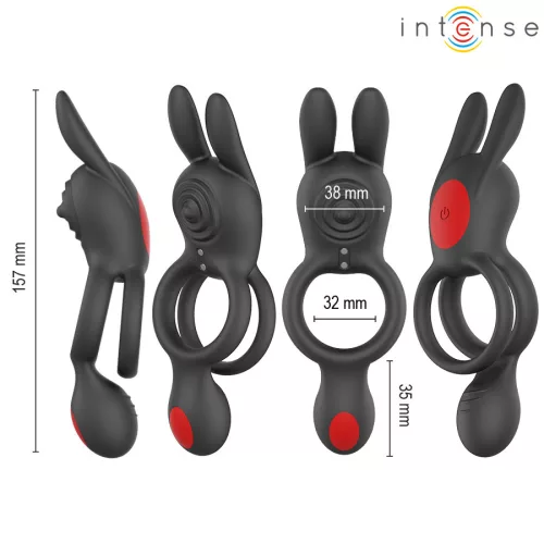 Intense Vibrációs péniszgyűrű Dupla stimuláció, távirányítós, 9 mód vízálló fekete