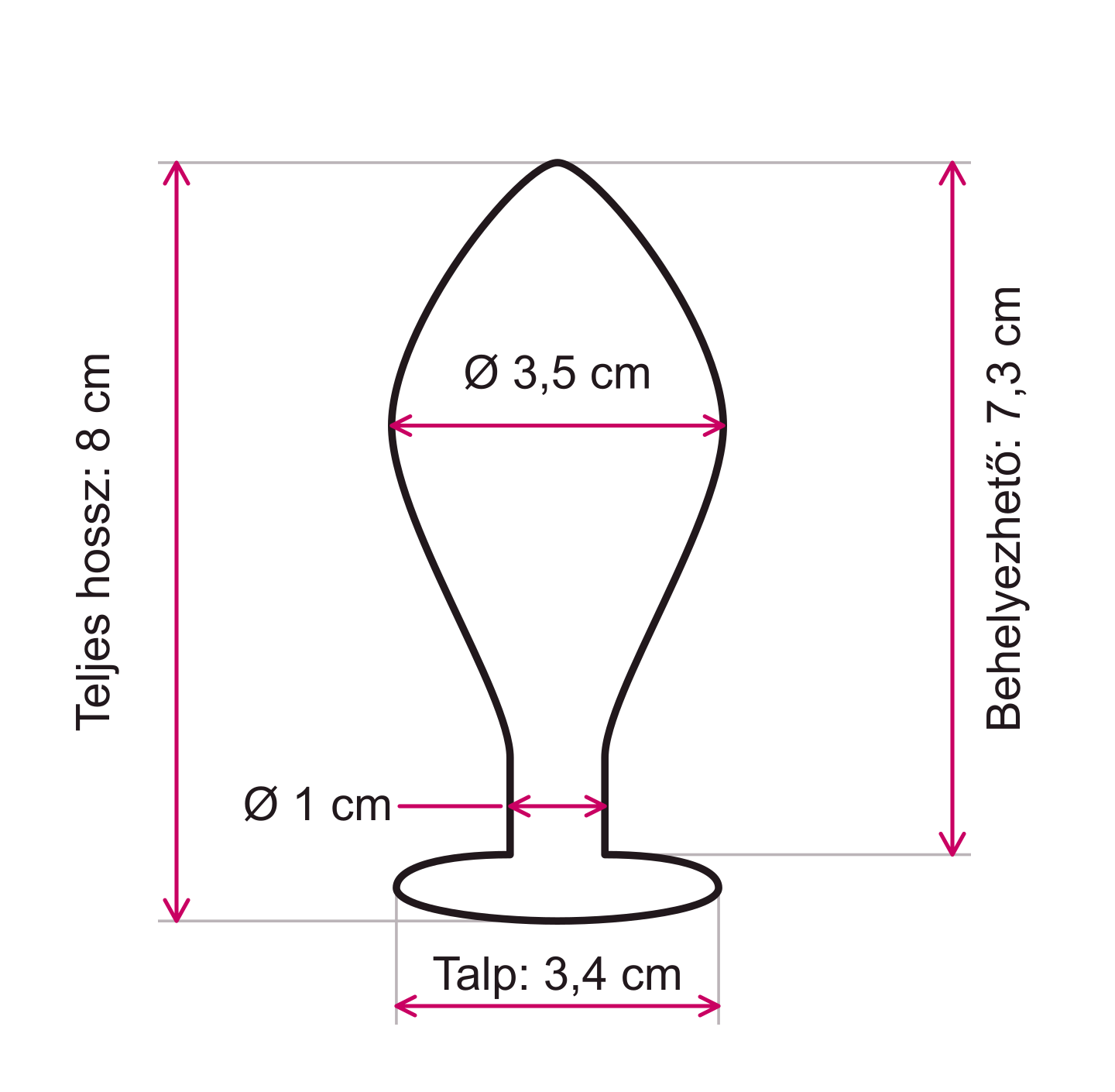 NEManya Curious körvonalas méretrajz: teljes hossz 8 cm, behelyezhető hossz 7,3 cm, legnagyobb átmérő 3,5 cm, nyakátmérő 1 cm, talpszélesség 3,4 cm
