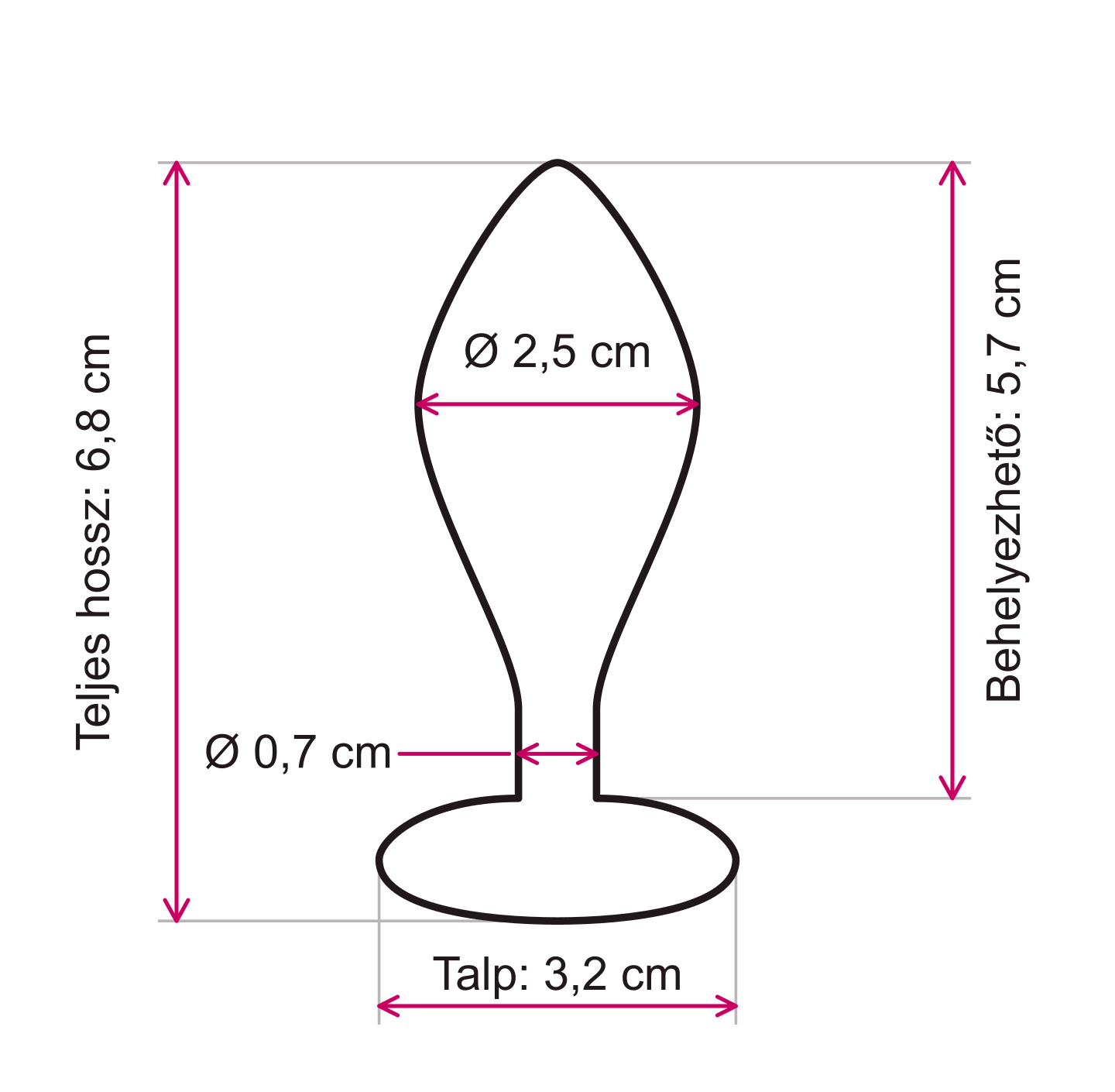 NEManya Secret Crush körvonalas méretrajz: teljes hossz 6,8 cm, behelyezhető hossz 5,7 cm, legnagyobb átmérő 2,5 cm, nyakátmérő 0,7 cm, talpszélesség 3,2 cm