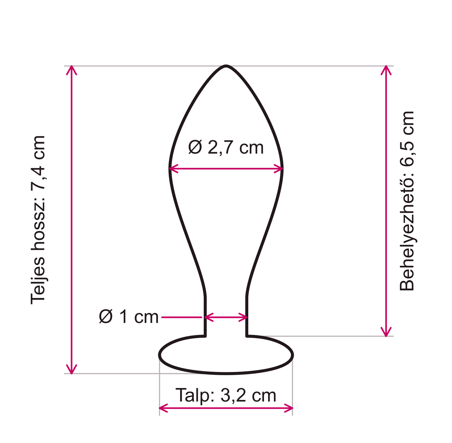 NEManya Addiction körvonalas méretrajz: teljes hossz 7,4 cm, behelyezhető hossz 6,5 cm, legnagyobb átmérő 2,7 cm, nyakátmérő 1 cm, talpszélesség 3,2 cm