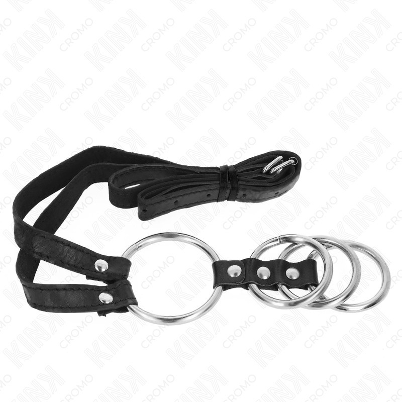 KINK - 4 összekapcsolt fém péniszgyűrű bőr övvel KINK - 4 összekapcsolt fém péniszgyűrű bőr övvel