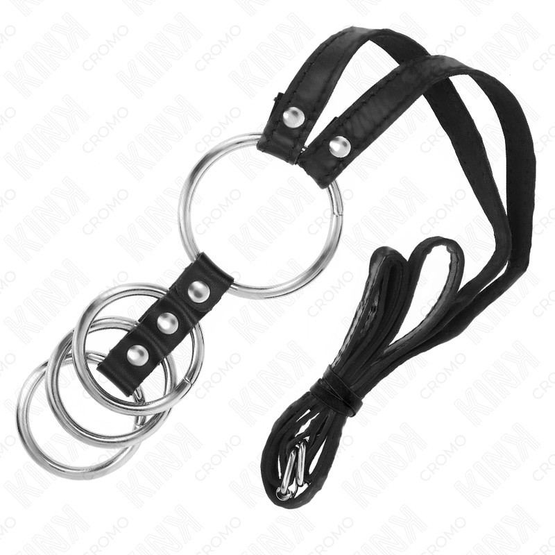 KINK - 4 összekapcsolt fém péniszgyűrű bőr övvel KINK - 4 összekapcsolt fém péniszgyűrű bőr övvel